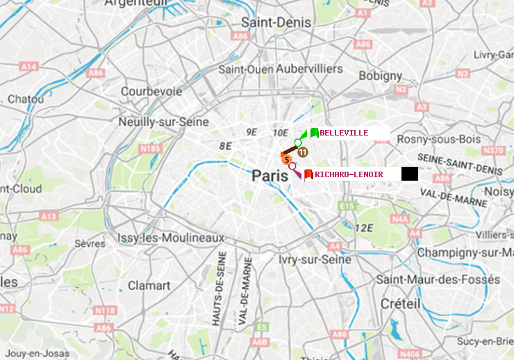 plan itinéraire ratp de Belleville à Richard-Lenoir