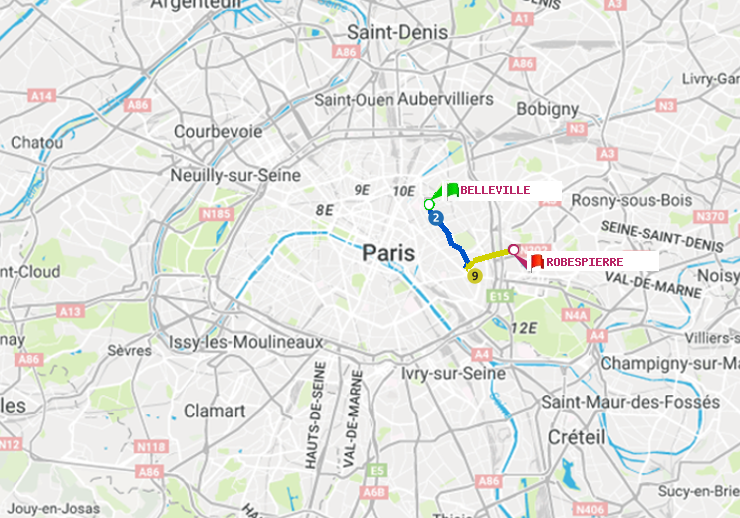 plan itinéraire ratp de Belleville à Robespierre