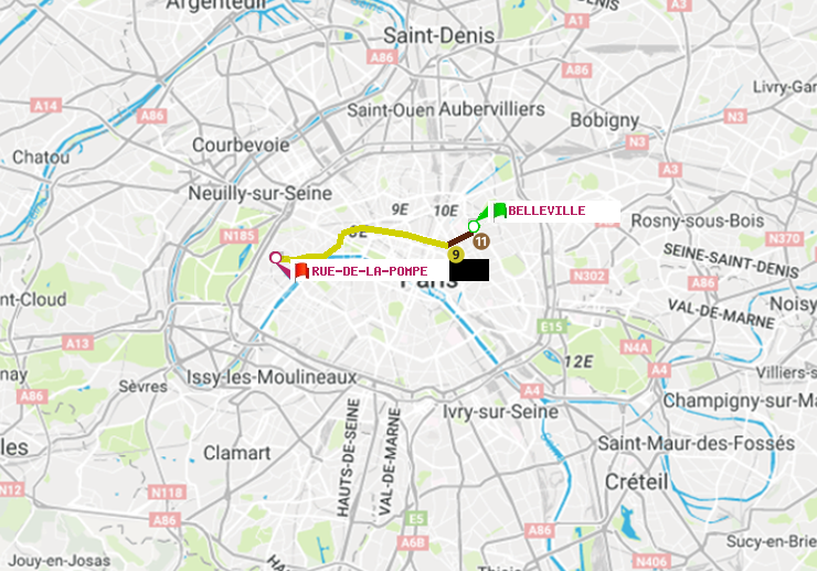 plan itinéraire ratp de Belleville à Rue de la Pompe (Avenue Georges Mandel)
