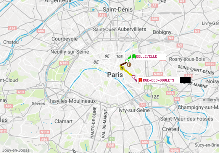plan itinéraire ratp de Belleville à Rue des Boulets