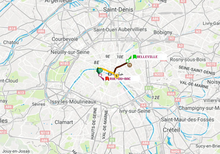 plan itinéraire ratp de Belleville à Rue du Bac