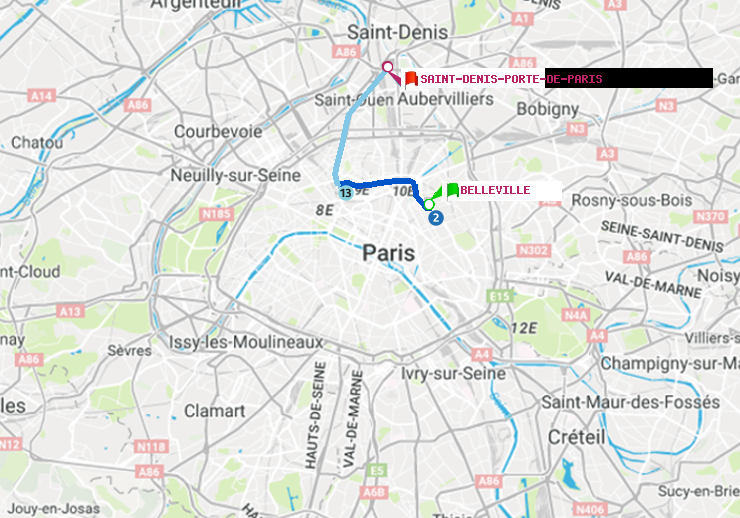plan itinéraire ratp de Belleville à Saint-Denis-Porte de Paris