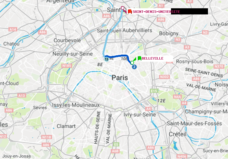 plan itinéraire ratp de Belleville à Saint-Denis-Universite