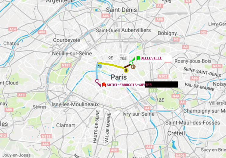 plan itinéraire ratp de Belleville à Saint-Francois-Xavier