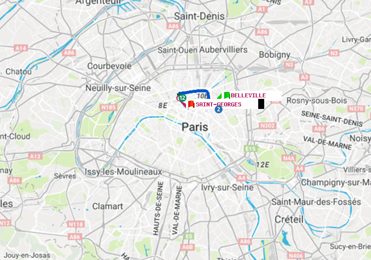 plan itinéraire ratp de Belleville à Saint-Georges