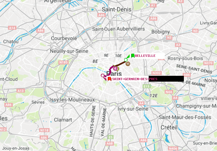 plan itinéraire ratp de Belleville à Saint-Germain des Prés