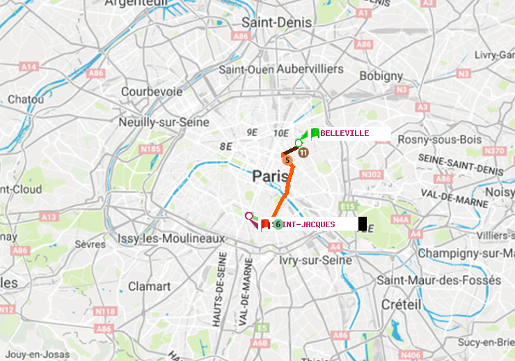 plan itinéraire ratp de Belleville à Saint-Jacques