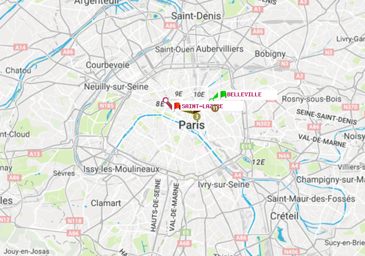 plan itinéraire ratp de Belleville à Saint-Lazare