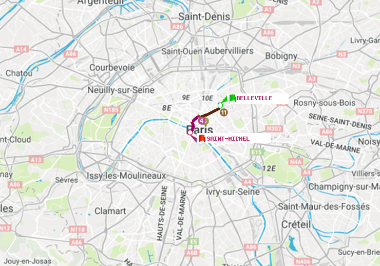 plan itinéraire ratp de Belleville à Saint-Michel