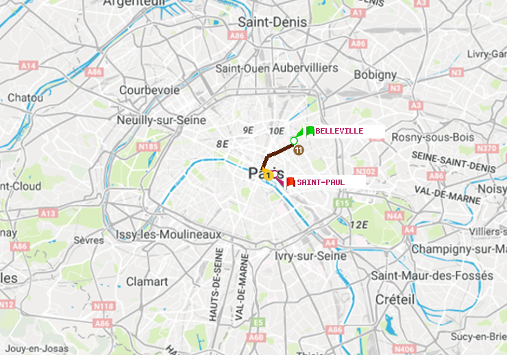 plan itinéraire ratp de Belleville à Saint-Paul (Le Marais)