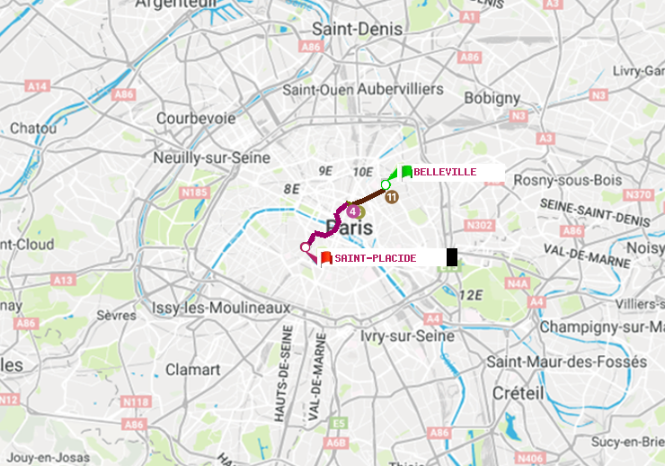 plan itinéraire ratp de Belleville à Saint-Placide