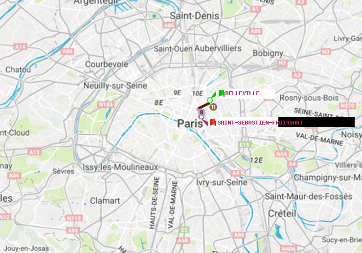 plan itinéraire ratp de Belleville à Saint-Sébastien-Froissart