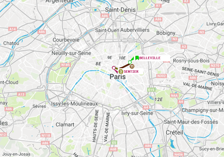 plan itinéraire ratp de Belleville à Sentier