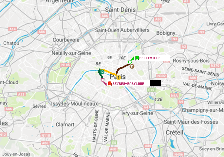plan itinéraire ratp de Belleville à Sèvres-Babylone