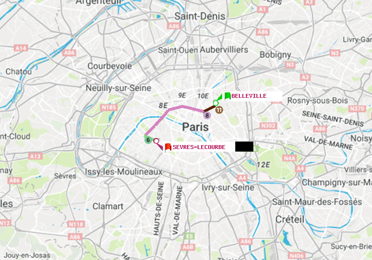 plan itinéraire ratp de Belleville à Sèvres-Lecourbe