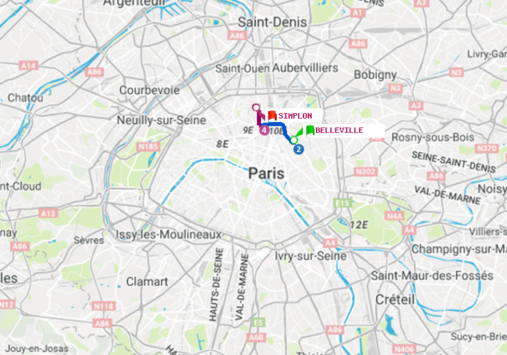 plan itinéraire ratp de Belleville à Simplon