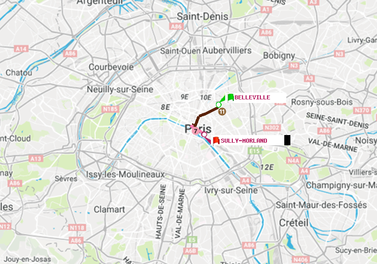 plan itinéraire ratp de Belleville à Sully-Morland