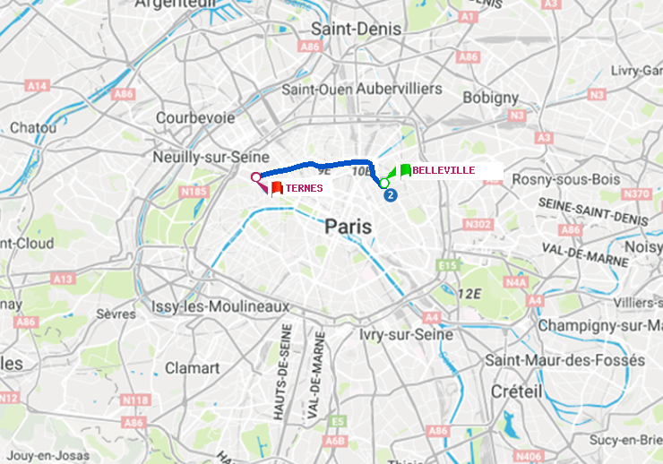 plan itinéraire ratp de Belleville à Ternes
