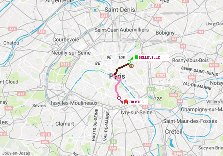 plan itinéraire ratp de Belleville à Tolbiac