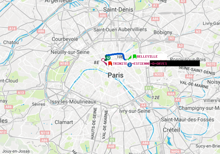 plan itinéraire ratp de Belleville à Trinité-d