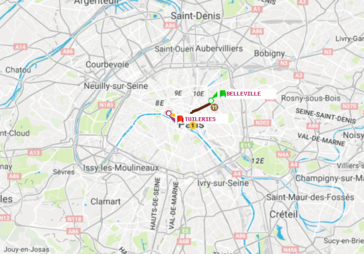 plan itinéraire ratp de Belleville à Tuileries