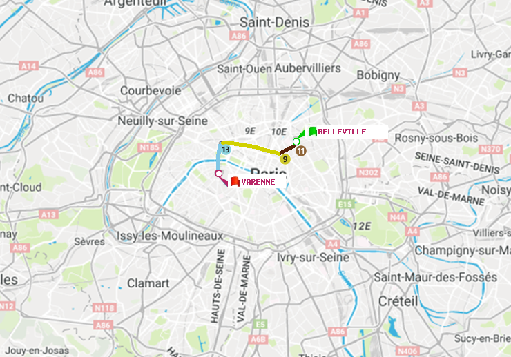plan itinéraire ratp de Belleville à Varenne