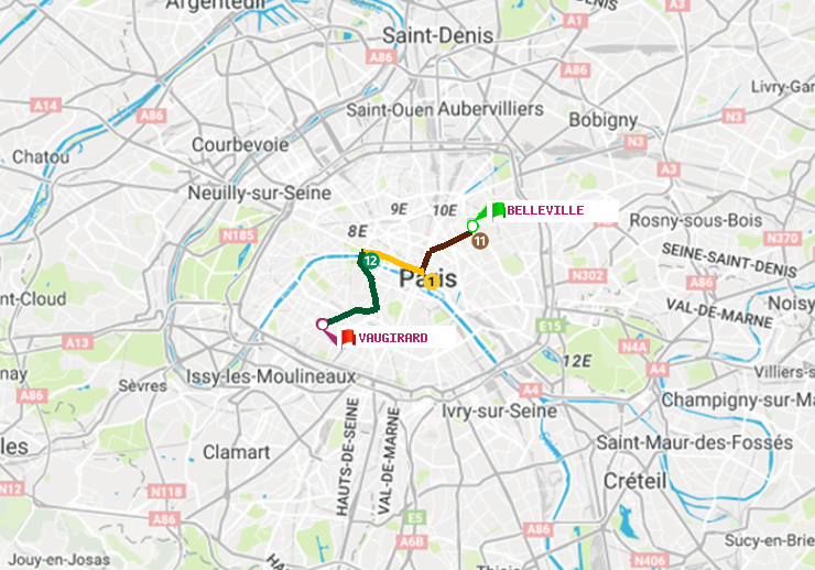 plan itinéraire ratp de Belleville à Vaugirard (Adolphe Chérioux)