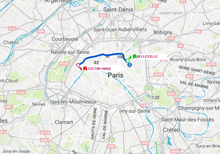 plan itinéraire ratp de Belleville à Victor Hugo