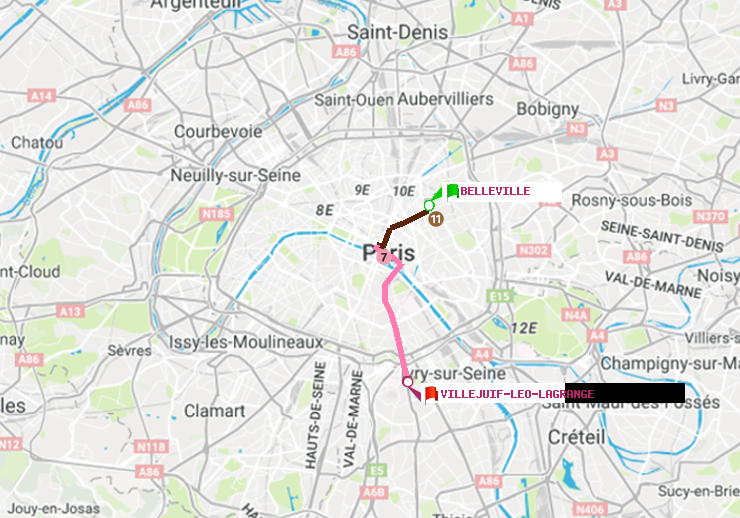 plan itinéraire ratp de Belleville à Villejuif-Léo Lagrange