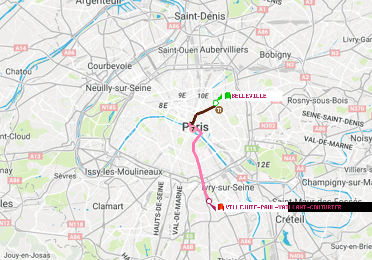 plan itinéraire ratp de Belleville à Villejuif-Paul Vaillant Couturier (Hôpital Paul Brousse)