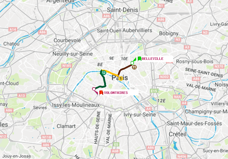 plan itinéraire ratp de Belleville à Volontaires