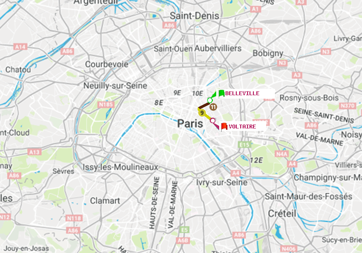 plan itinéraire ratp de Belleville à Voltaire (Léon Blum)