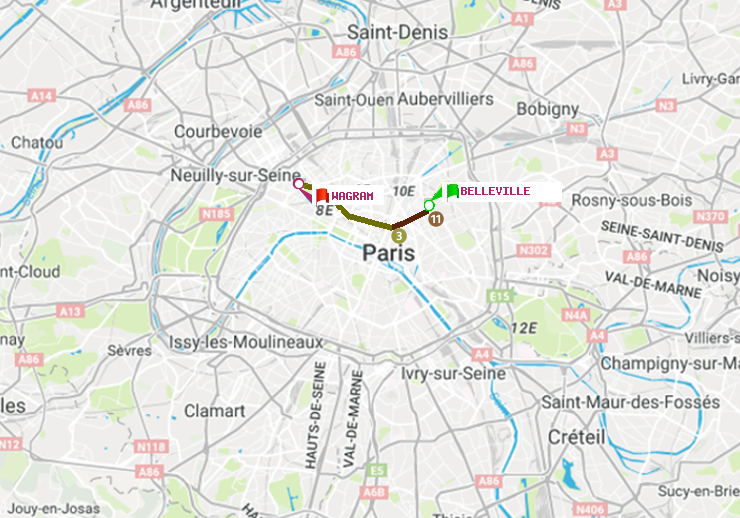 plan itinéraire ratp de Belleville à Wagram