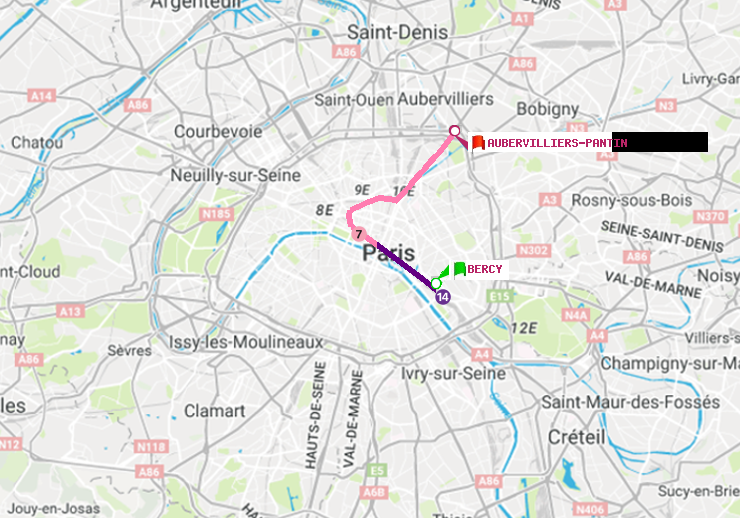 plan itinéraire ratp de Bercy à Aubervilliers Pantin (4 Chemins)
