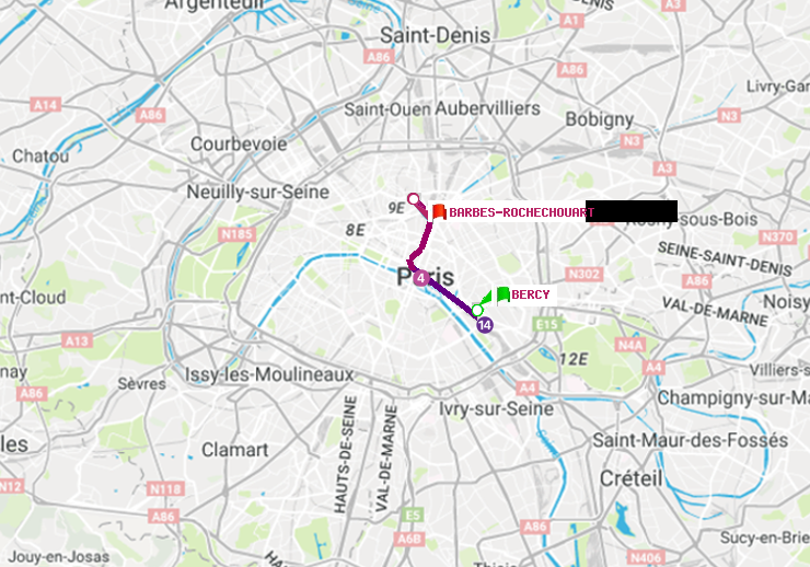 plan itinéraire ratp de Bercy à Barbès-Rochechouart