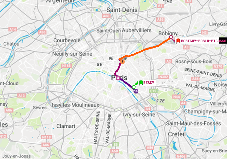 plan itinéraire ratp de Bercy à Bobigny-Pablo-Picasso