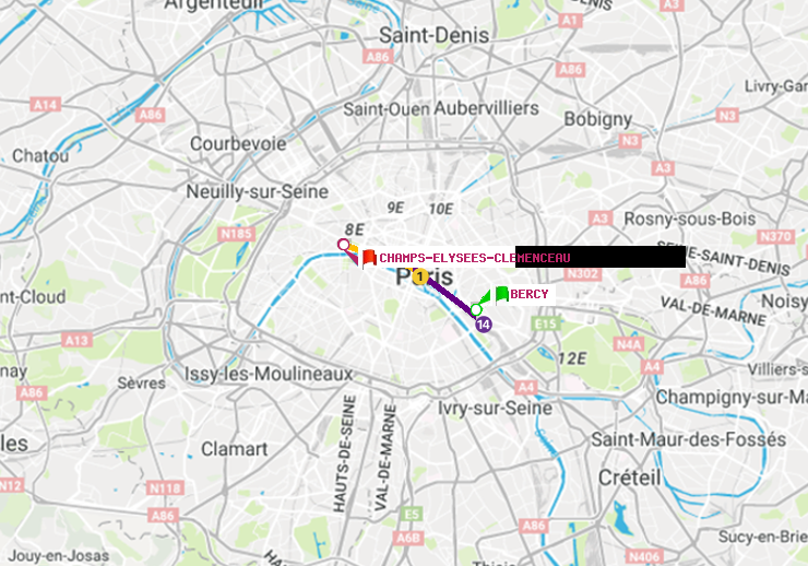 plan itinéraire ratp de Bercy à Champs-Elysées-Clémenceau