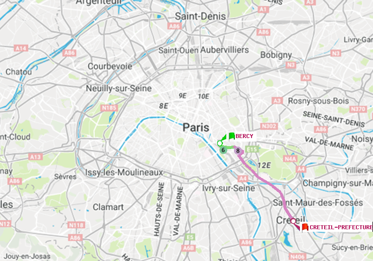 plan itinéraire ratp de Bercy à Créteil-Préfecture (Hôtel de Ville)