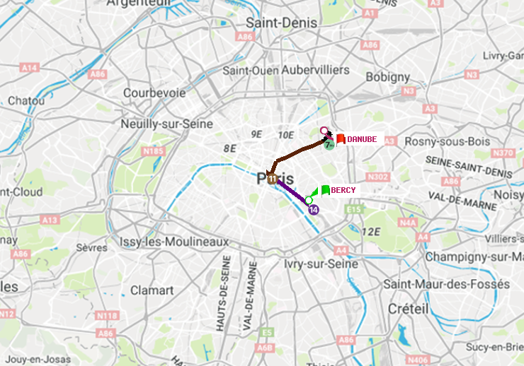 plan itinéraire ratp de Bercy à Danube