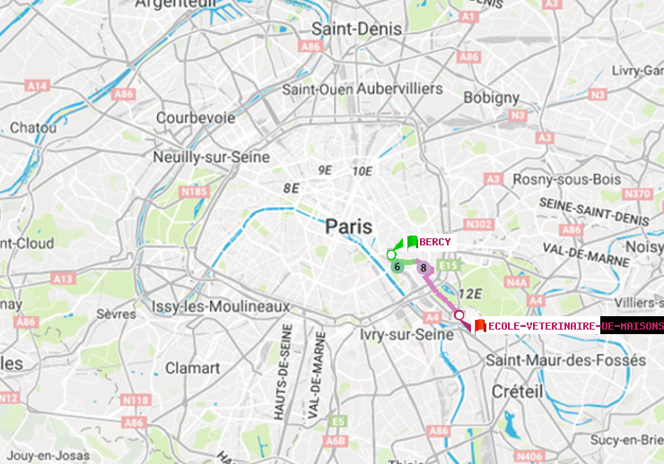 plan itinéraire ratp de Bercy à Ecole Vétérinaire de Maisons-Alfort
