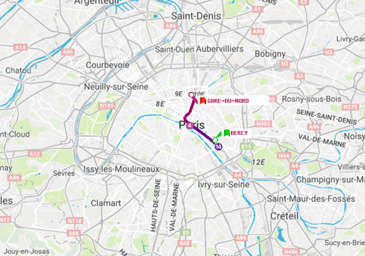 plan itinéraire ratp de Bercy à Gare du Nord