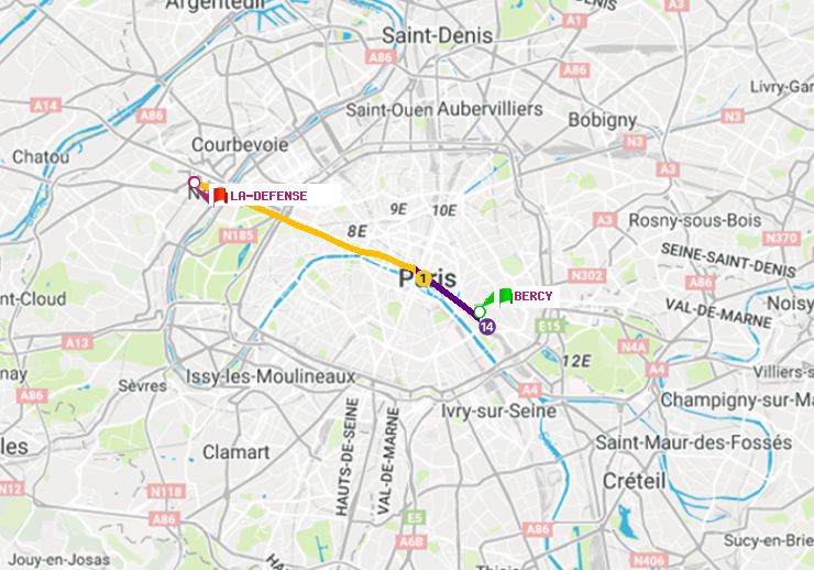 plan itinéraire ratp de Bercy à La Défense (Grande Arche)