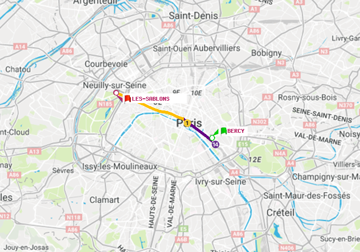 plan itinéraire ratp de Bercy à Les Sablons (Jardin d