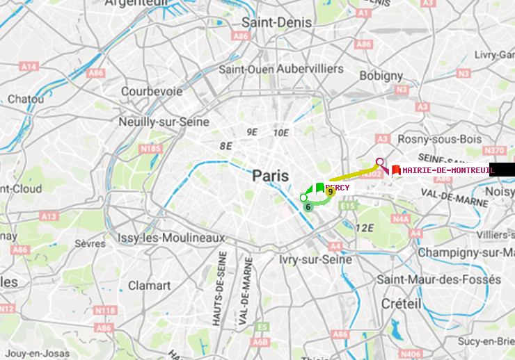 plan itinéraire ratp de Bercy à Mairie de Montreuil