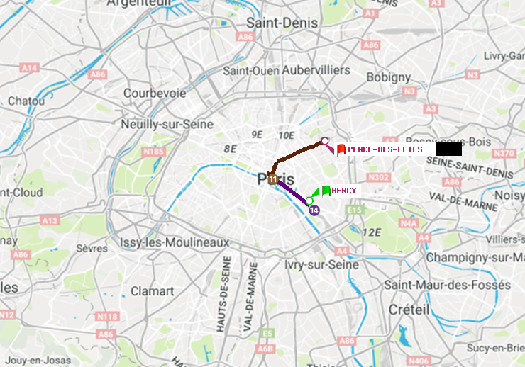 plan itinéraire ratp de Bercy à Place des Fêtes