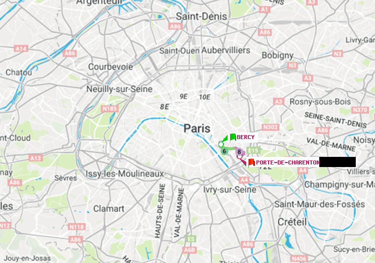 plan itinéraire ratp de Bercy à Porte de Charenton