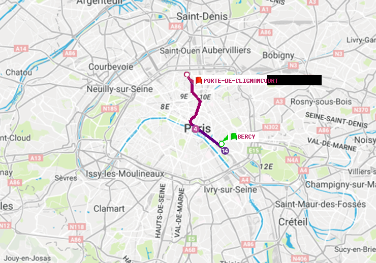plan itinéraire ratp de Bercy à Porte de Clignancourt
