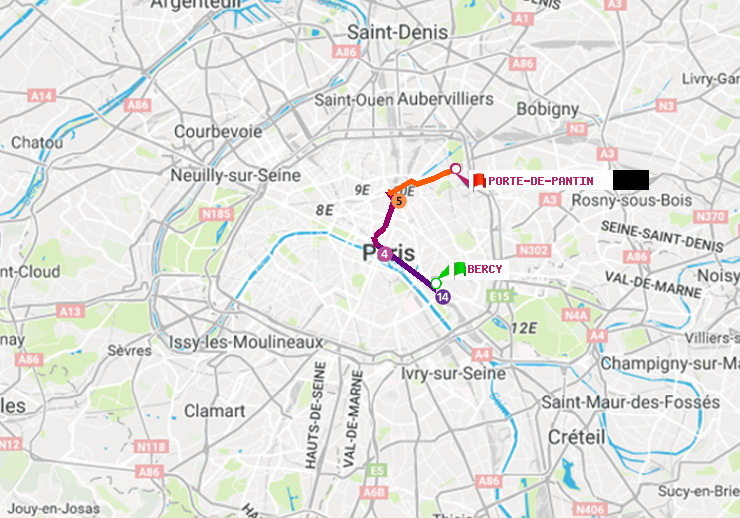 plan itinéraire ratp de Bercy à Porte de Pantin