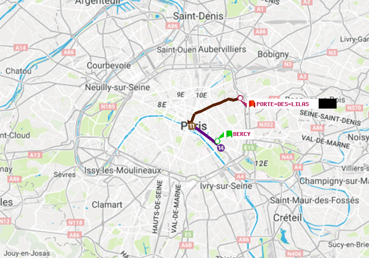 plan itinéraire ratp de Bercy à Porte des Lilas