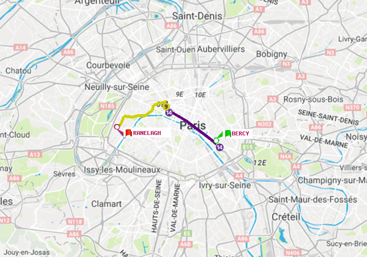 plan itinéraire ratp de Bercy à Ranelagh